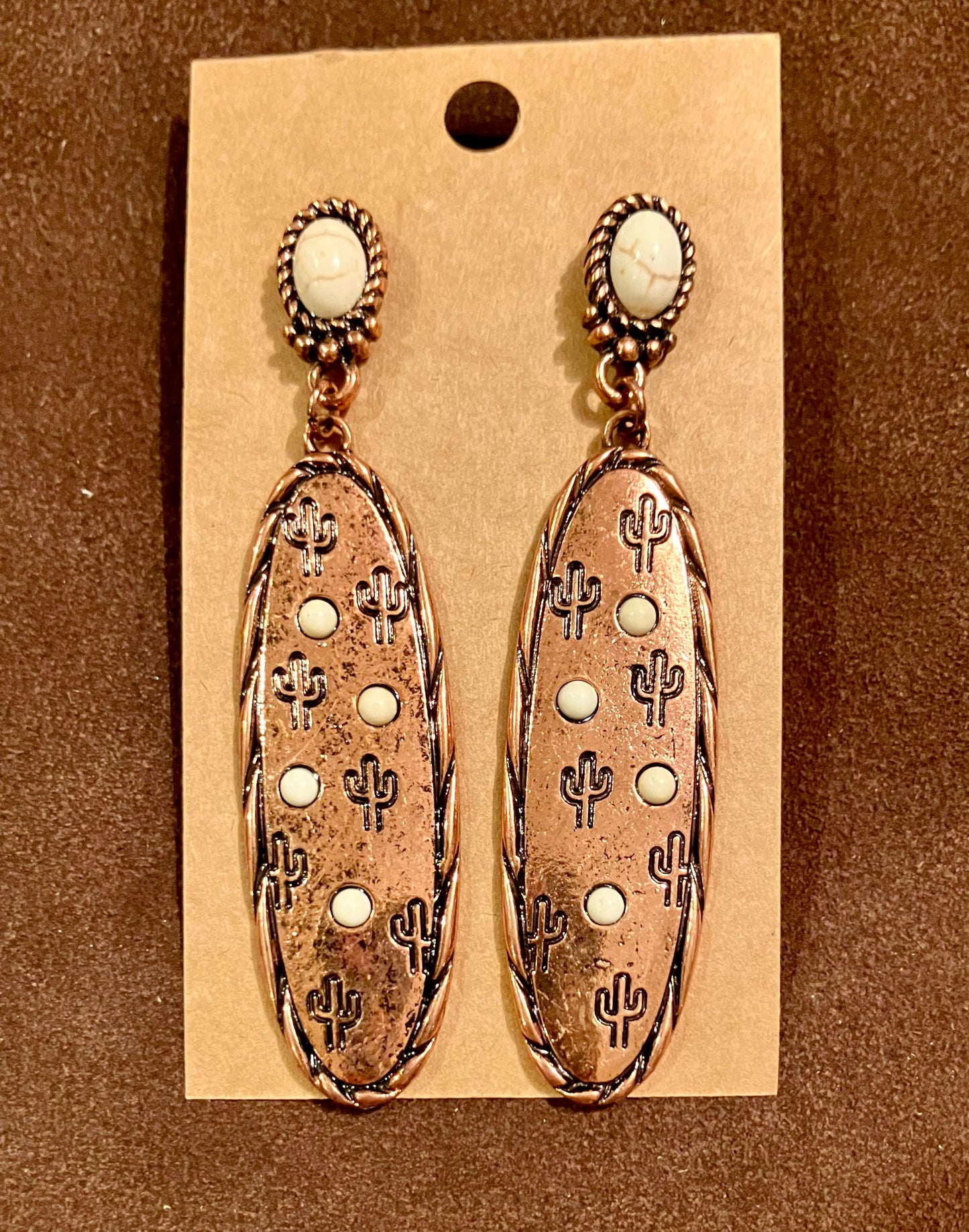 Stamped Copper Stone & Cactus Earrings