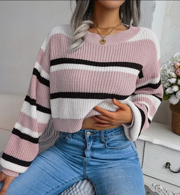 Pink & Black Striped Crop Top Sweater