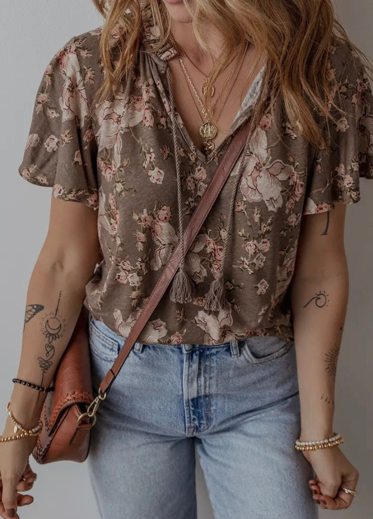 Floral Print Short Sleeve Blouse