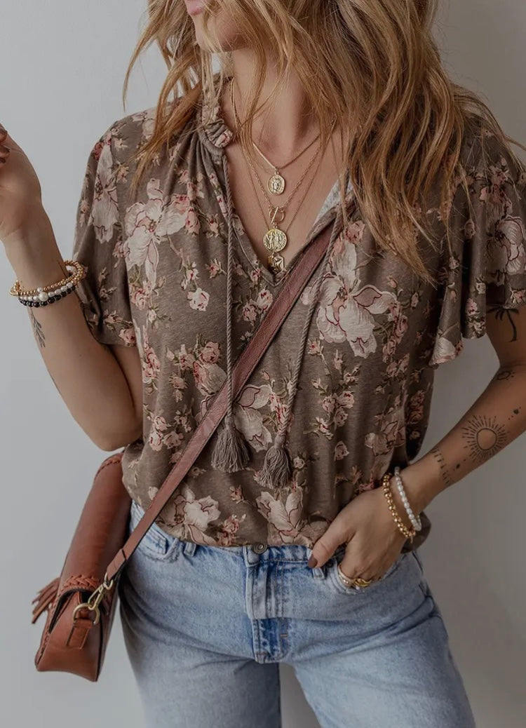 Floral Print Short Sleeve Blouse