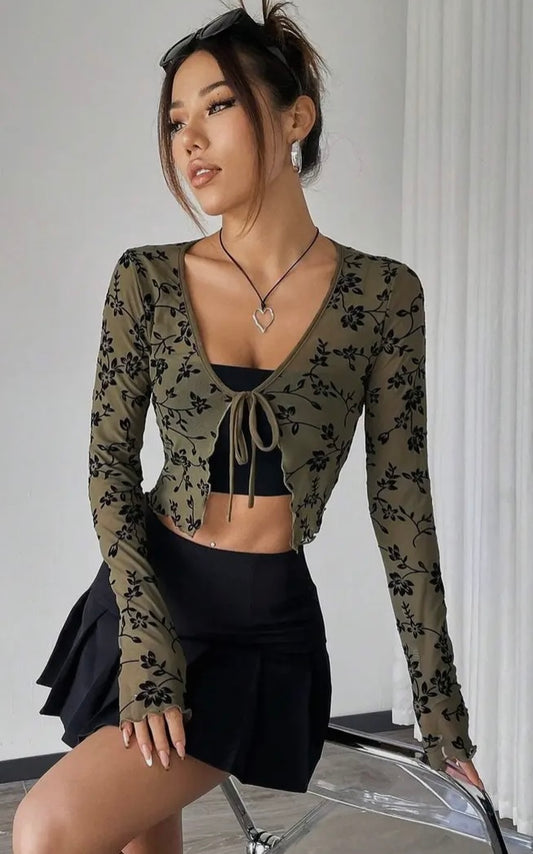 Green Floral Mesh Bolero Top