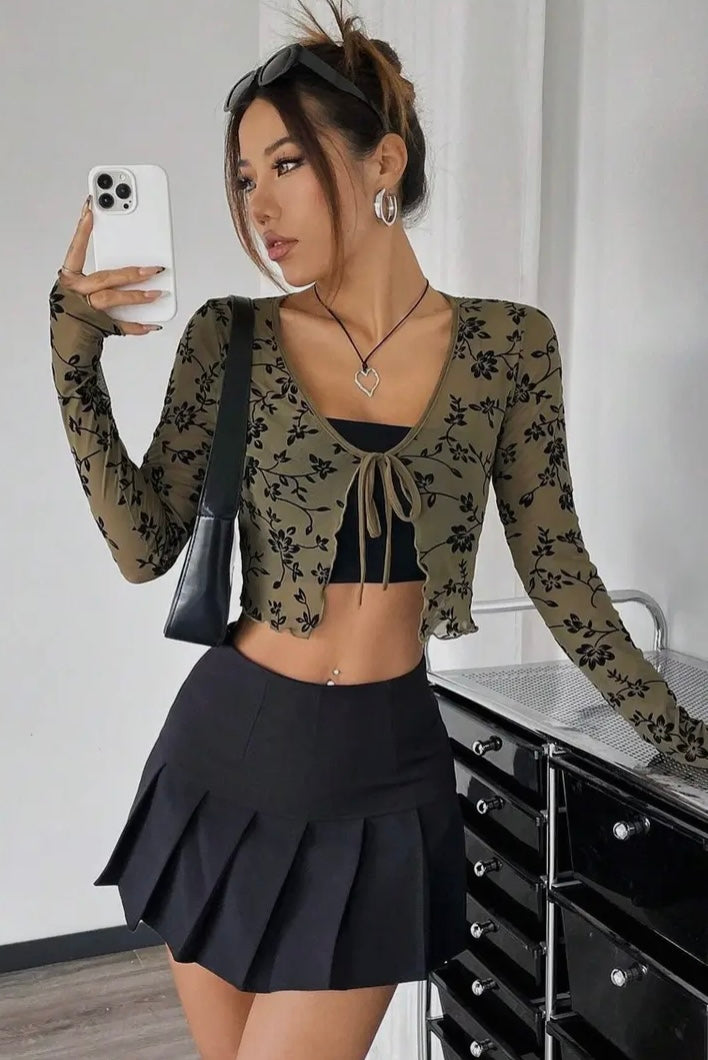 Green Floral Mesh Bolero Top