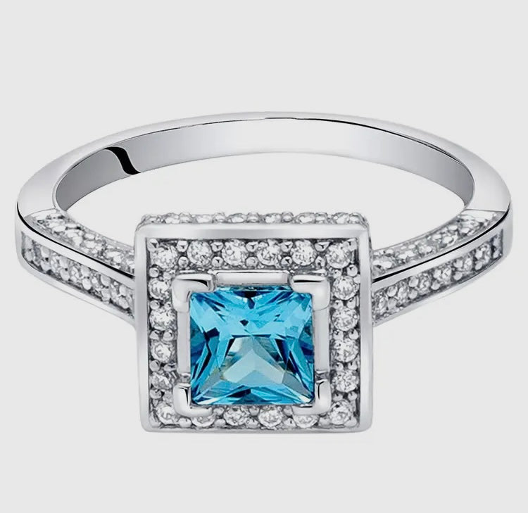 Swiss Blue Topaz Princess Cut Sterling Silver Ring Size 6