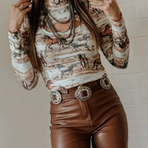 Wild Horse Print Keyhole Top