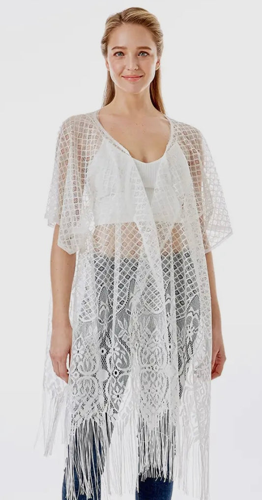 White Hearts Lace Cover Up with Fringe