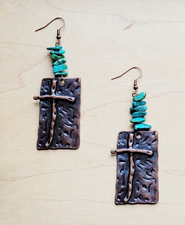 Copper Cross Earrings w/ Natural Turquoise Chunks