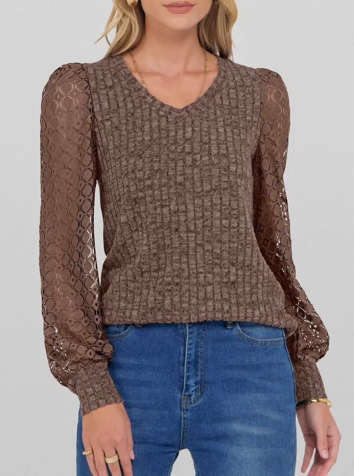 Brown V-Neck Knit Top with Lace Puff Long Sleeves