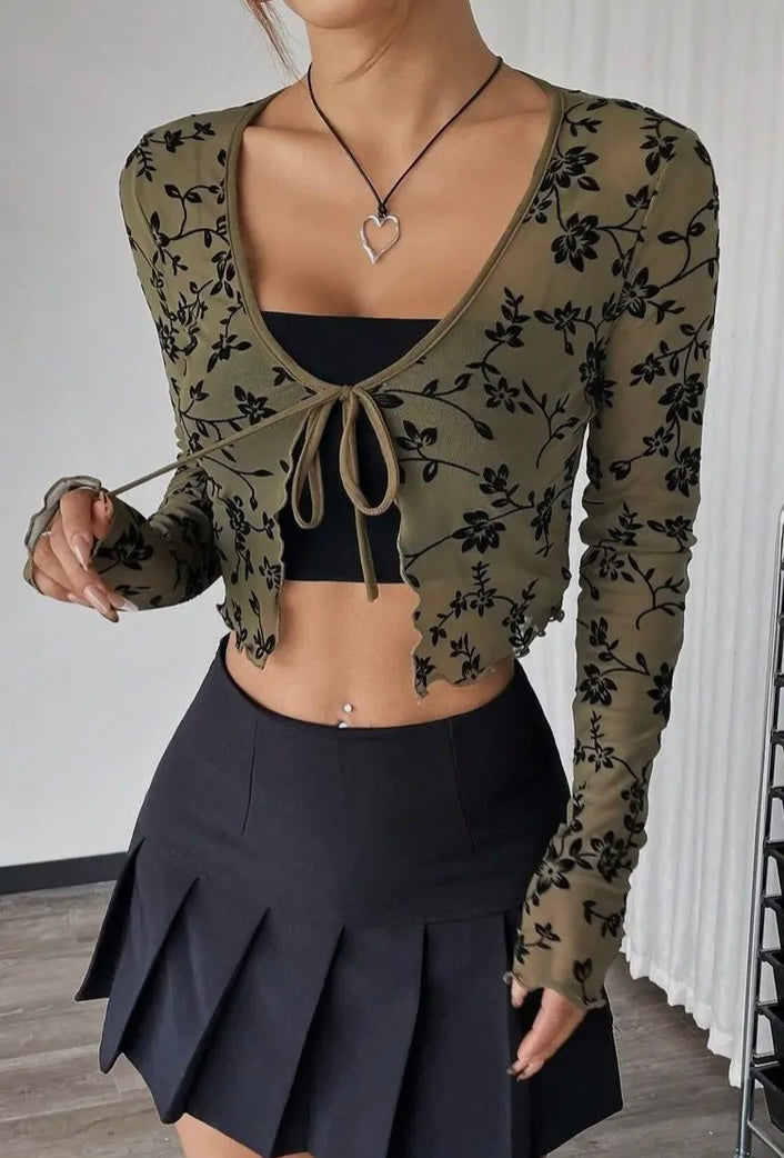 Green Floral Mesh Bolero Top
