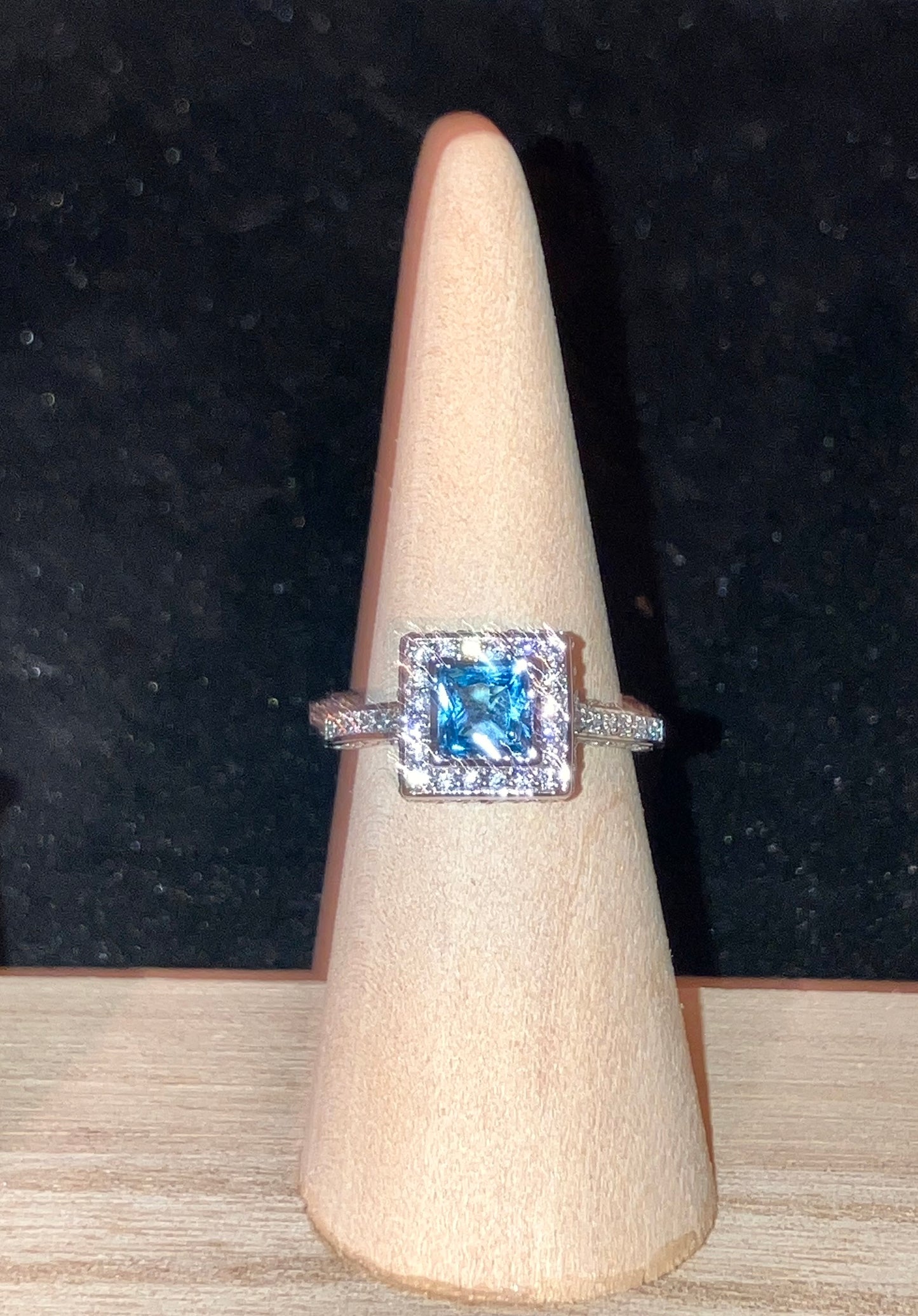 Swiss Blue Topaz Princess Cut Sterling Silver Ring Size 6