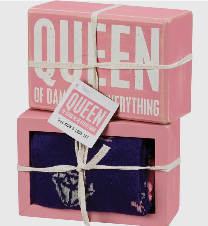 Queen of Near Everything Box Sign and Sock Set