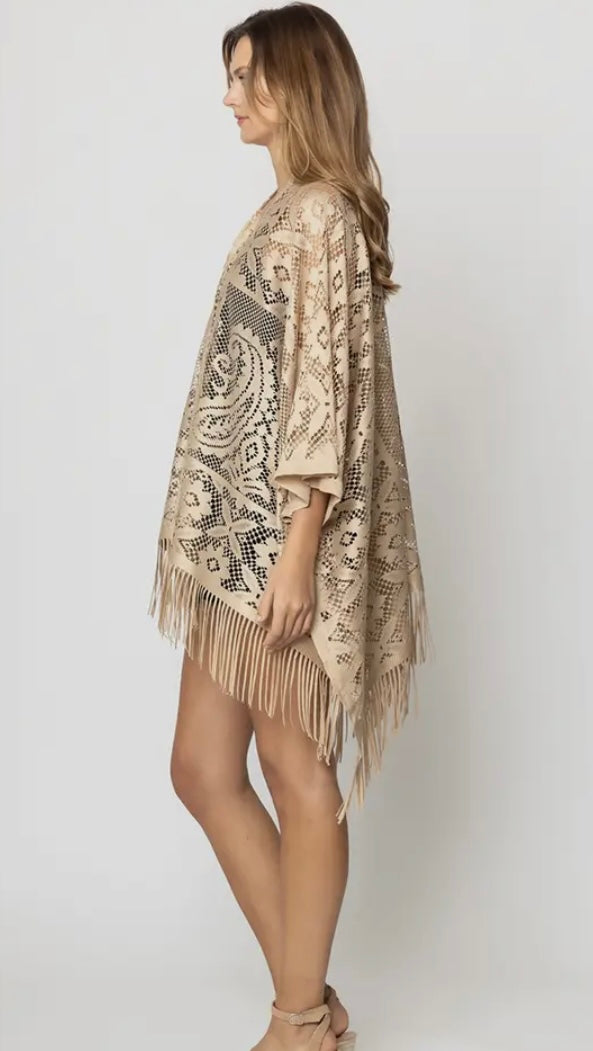 Gold Floral Lace Kimono with Fringe