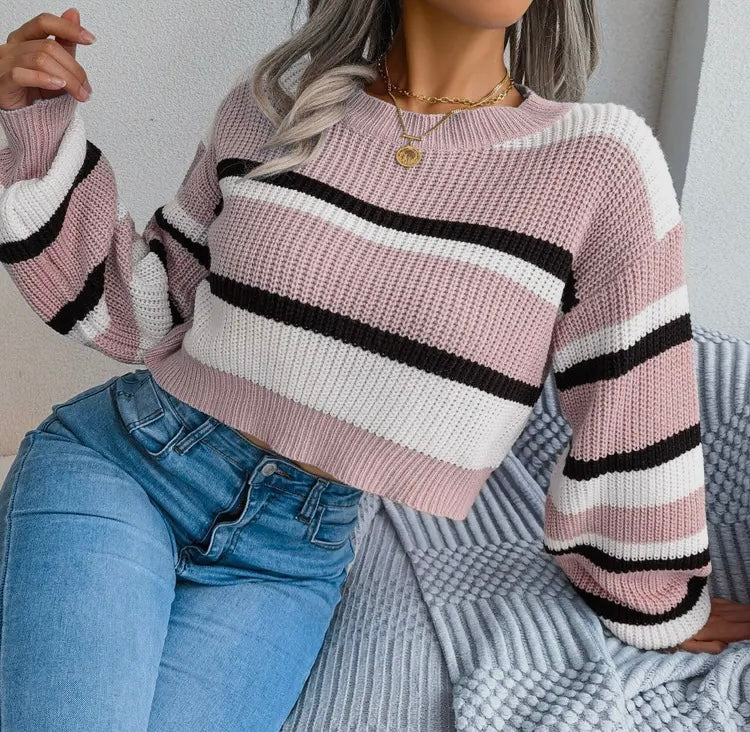 Pink & Black Striped Crop Top Sweater
