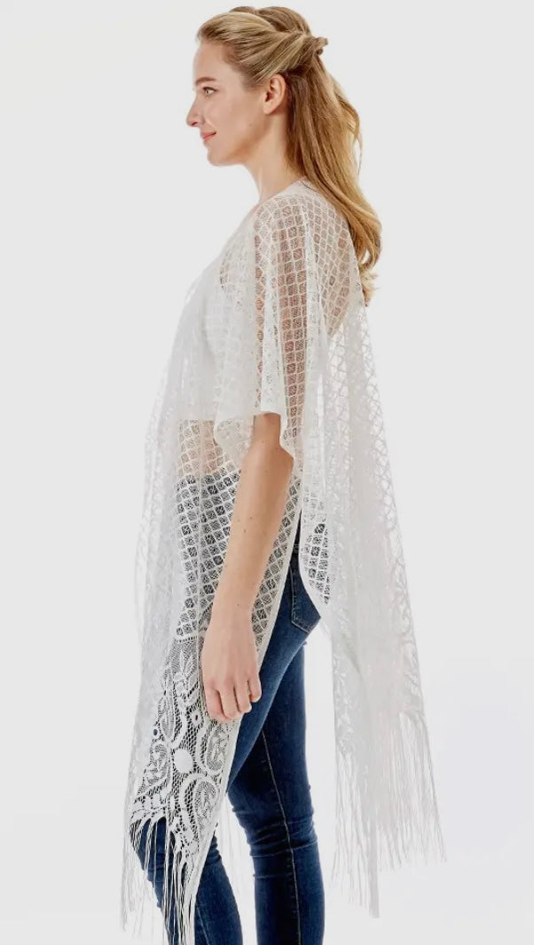White Hearts Lace Cover Up with Fringe