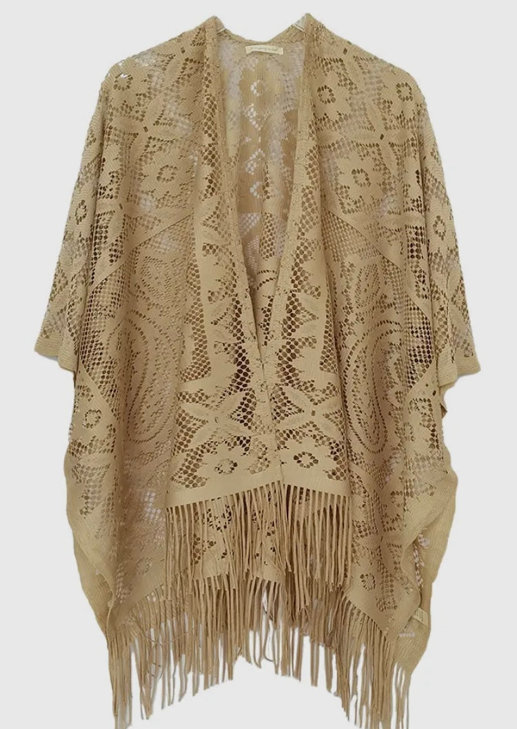 Gold Floral Lace Kimono with Fringe