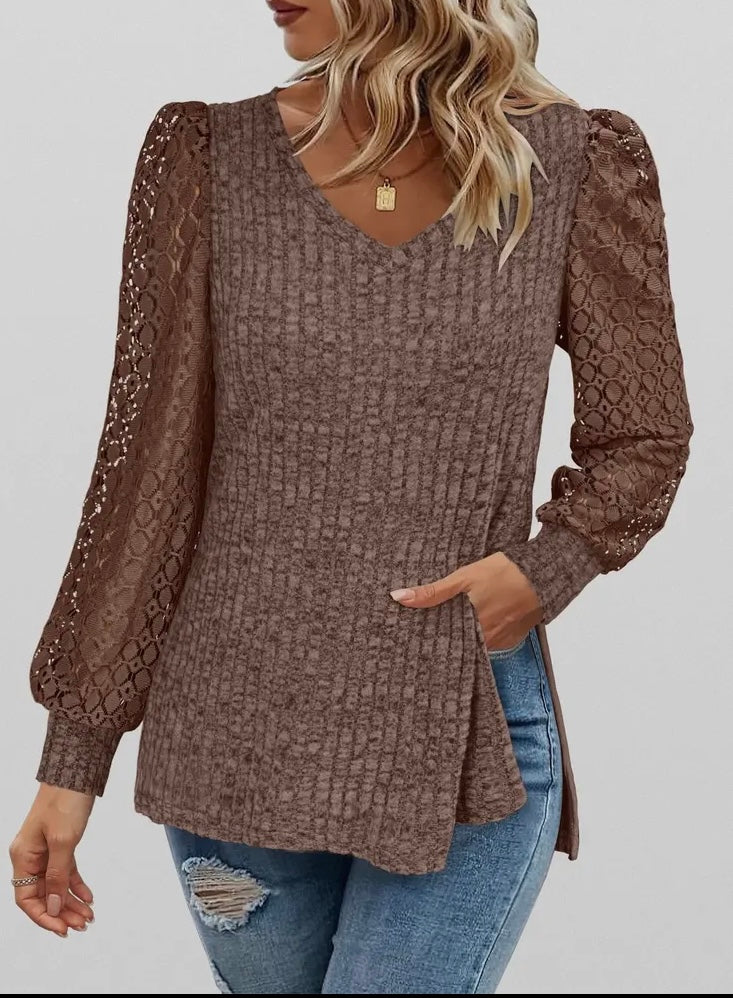 Brown V-Neck Knit Top with Lace Puff Long Sleeves