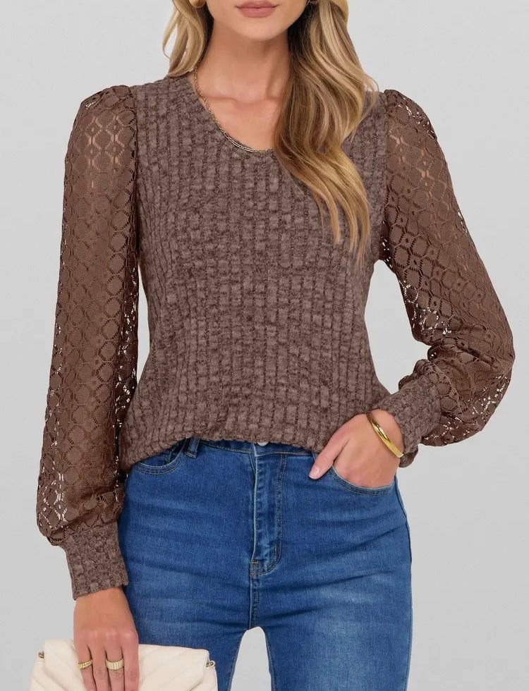 Brown V-Neck Knit Top with Lace Puff Long Sleeves