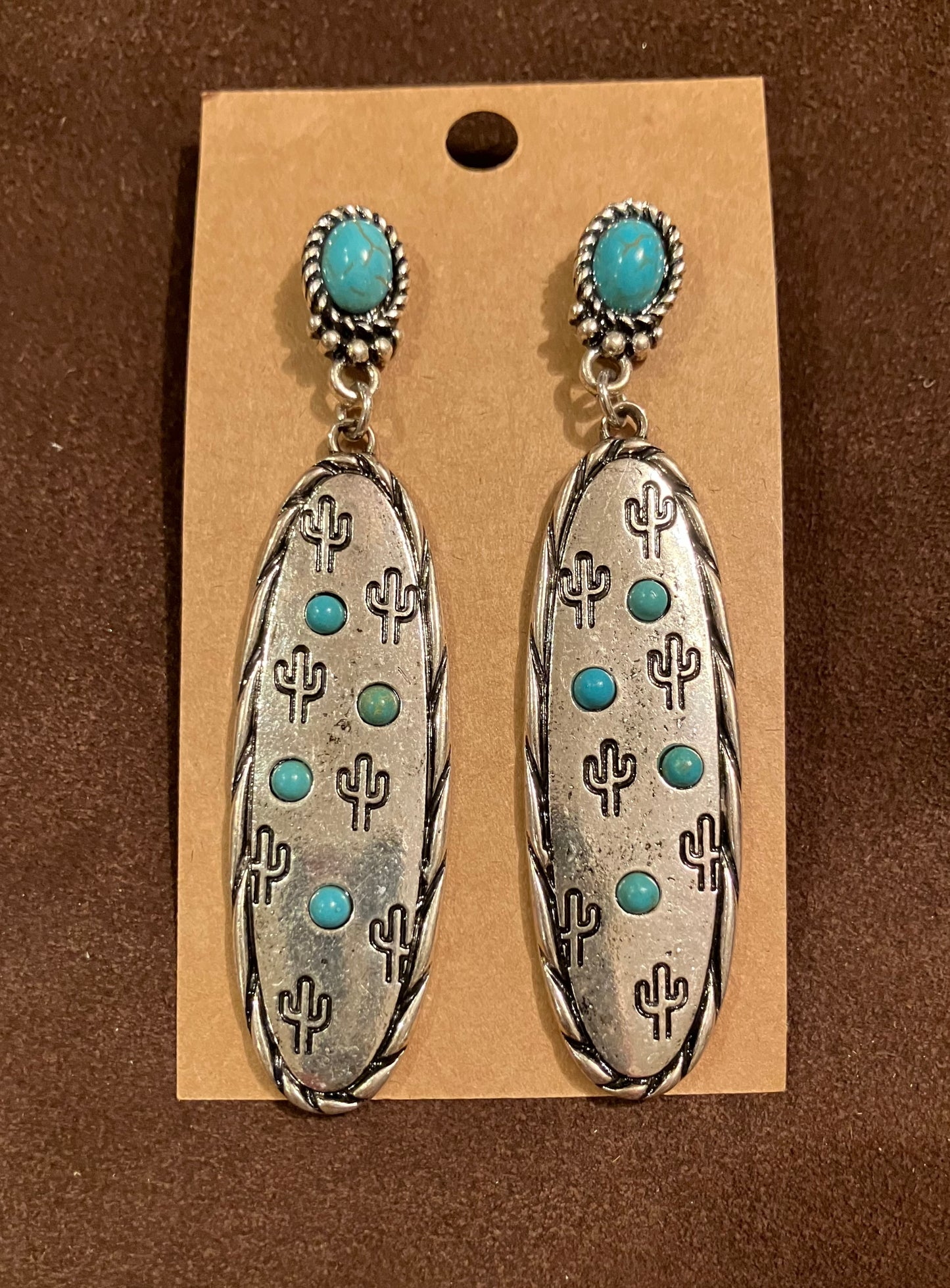 Stamped Silver Stone & Cactus Earrings